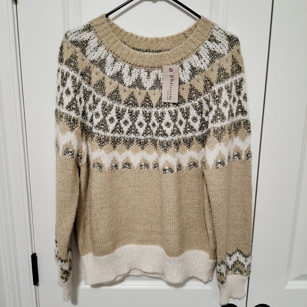 Philosophy Women's Fall Winter Sweater Beige Fair Isle Knit Size Large NWT